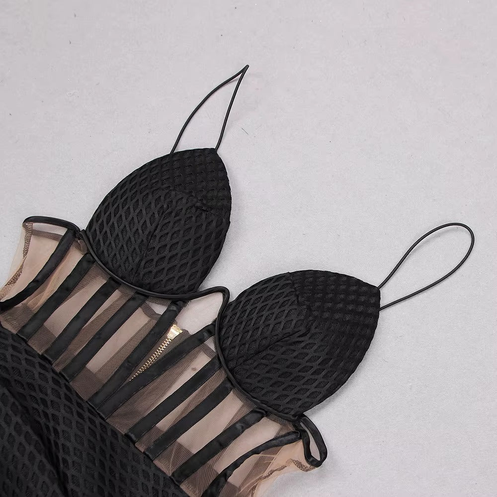 Mesh Cutout Spaghetti Strap Mini Dress by Luxe Lane | Mini Gown from Luxe Lane | SKU:  | Barcode:  | Options: white S(2) | Mesh Cutout Spaghetti Strap Mini Dress