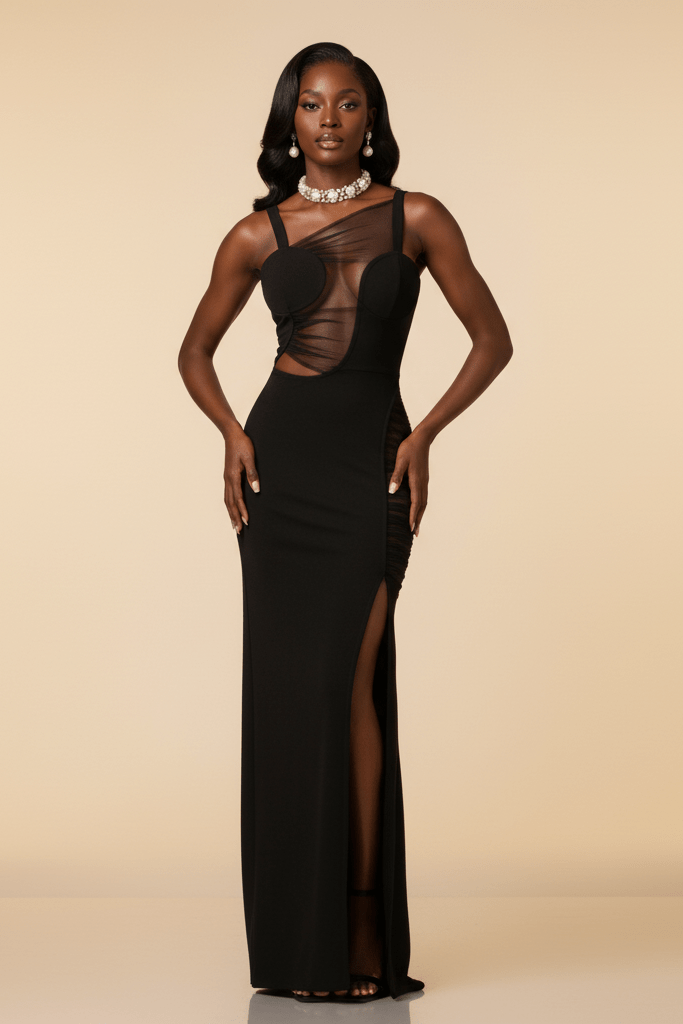 Mesh Patchwork Asymmetrical Evening Dress by Shine | Party Dresses from Luxe Lane | SKU: -1 | Barcode:  | Options: Black XS(4) | Mesh Patchwork Asymmetrical Evening Dress