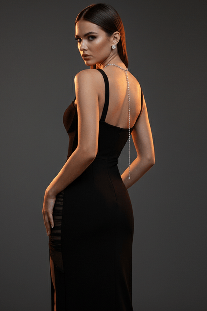 Mesh Patchwork Asymmetrical Evening Dress by Shine | Party Dresses from Luxe Lane   Black XS(4) | Mesh Patchwork Asymmetrical Evening