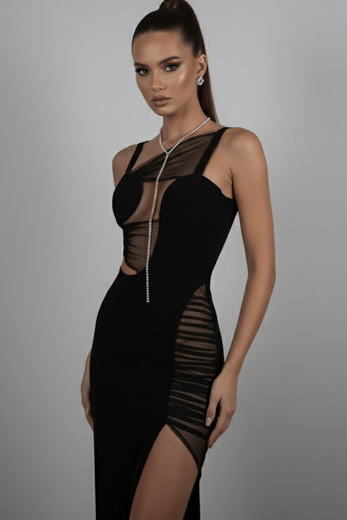 Mesh Patchwork Asymmetrical Evening Dress by Shine | Party Dresses from Luxe Lane | : -1 | :  | : Black XS(4) | Mesh Patchwork Evening Dress