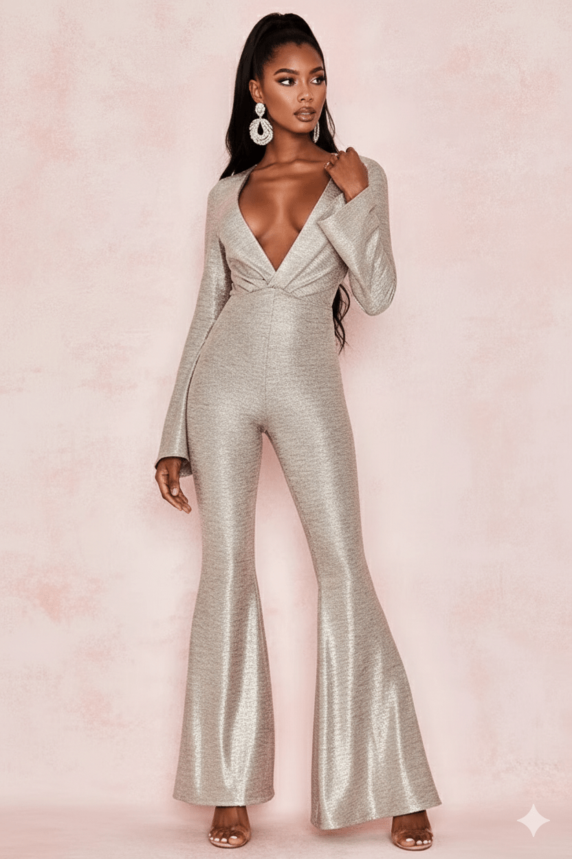 Metallic Plunge Long Sleeve Jumpsuit by shine | Jumpsuit from Luxe Lane | SKU: B987-1 | Barcode:  | Options: Other XS(4) | Metallic Plunge Long Sleeve Jumpsuit