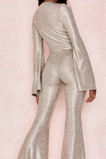 Metallic Plunge Long Sleeve Jumpsuit by shine | Jumpsuit from Luxe Lane | SKU: B987-1 | Barcode:  | Options: Other XS(4) | Gold Metallic Jersey Jumpsuits Lame Plunge Neck Long Sleeve Jumpsuit Women Bodysuit Sexy