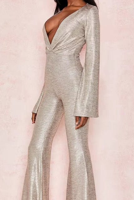 Metallic Plunge Long Sleeve Jumpsuit by shine | Jumpsuit from Luxe Lane | SKU: B987-1 | Barcode:  | Options: Other XS(4) | Gold Metallic Jersey Jumpsuits Lame Plunge Neck Long Sleeve Jumpsuit Women Bodysuit Sexy