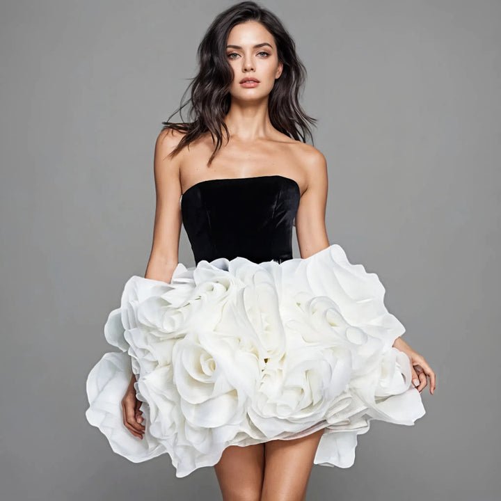 Midnight Bloom Mini by Luxe Lane | Party dresses from Luxe Lane | SKU:  | Barcode:  | Options: Black white XS | Womens Elegant Black Strapless White Floral Ruffle Mini Prom Dress Elegant Club Evening Party Dresses Cocktail Gown