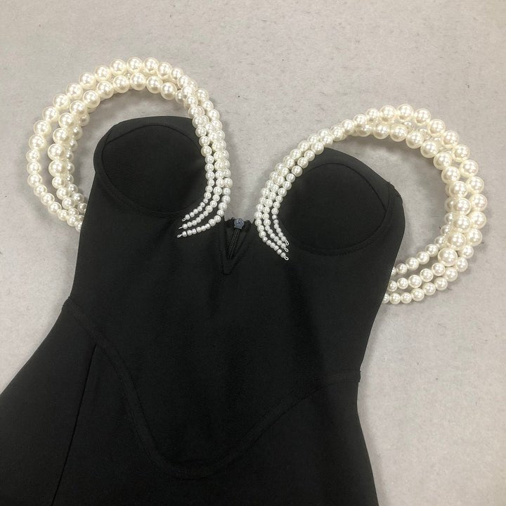 Midnight Pearl Elegance Gown by Luxe Lane | mermaid gown from Luxe Lane | SKU:  | Barcode:  | Options: Black S | Wholesale Dropshipping Luxury Black Maxi Formal Dresses Elegant Women Party Dress Pearl Sheer Sleeves High Slit Evening Gown