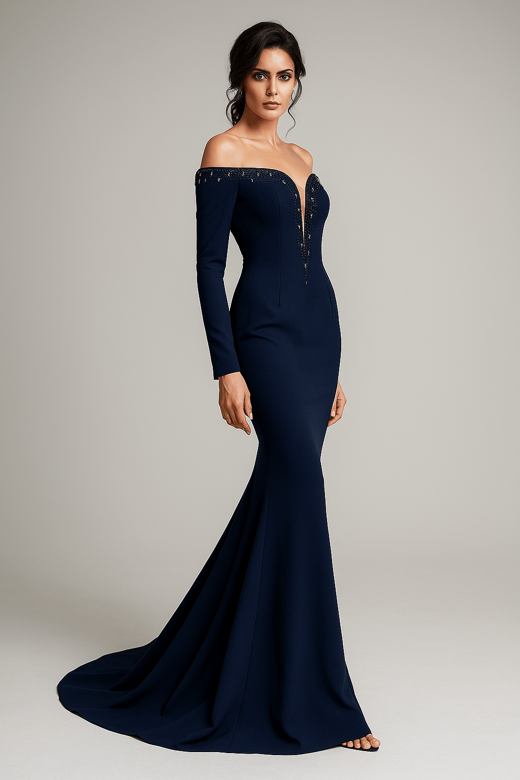 Midnight Radiance Gown Off - Shoulder by Luxe Lane | sheath gown from Luxe Lane | SKU:  | Barcode:  | Options: Dark blue S | Midnight Radiance Gown Off - Shoulder
