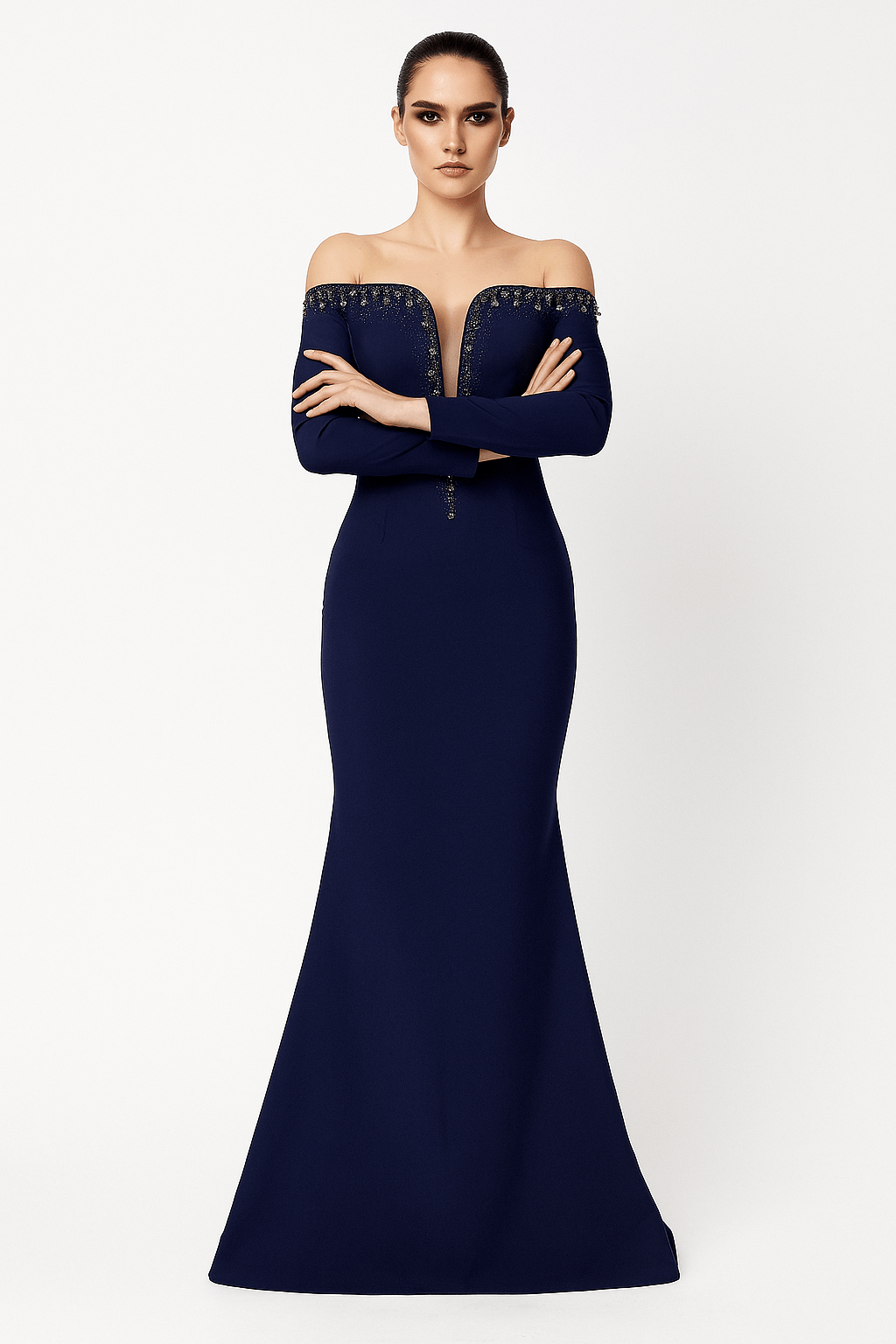 Midnight Radiance Gown Off - Shoulder by Luxe Lane | sheath gown from Luxe Lane | SKU:  | Barcode:  | Options: Dark blue S | Midnight Radiance Gown Off - Shoulder