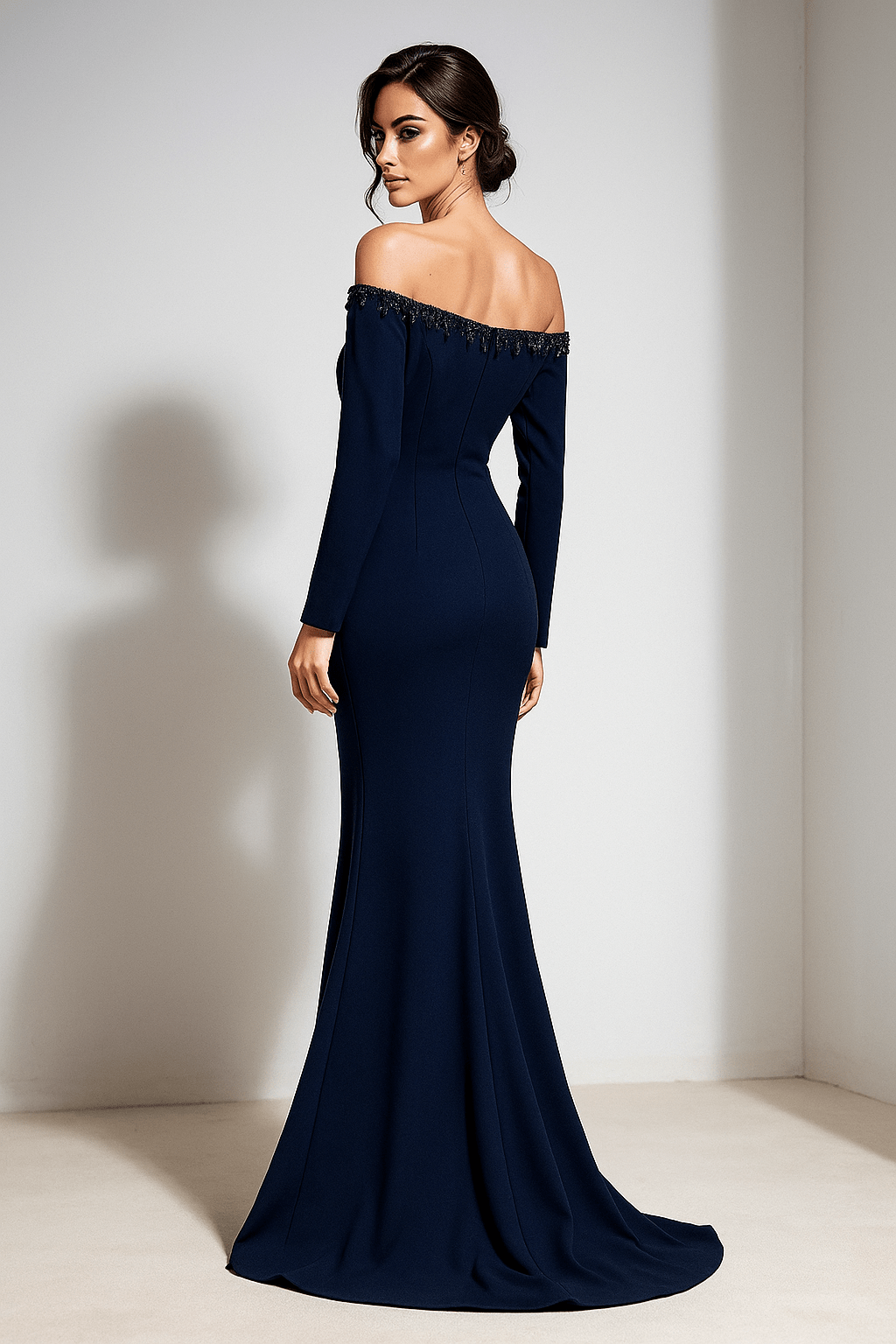 Midnight Radiance Gown Off - Shoulder by Luxe Lane | sheath gown from Luxe Lane | SKU:  | Barcode:  | Options: Dark blue S | Midnight Radiance Gown Off - Shoulder