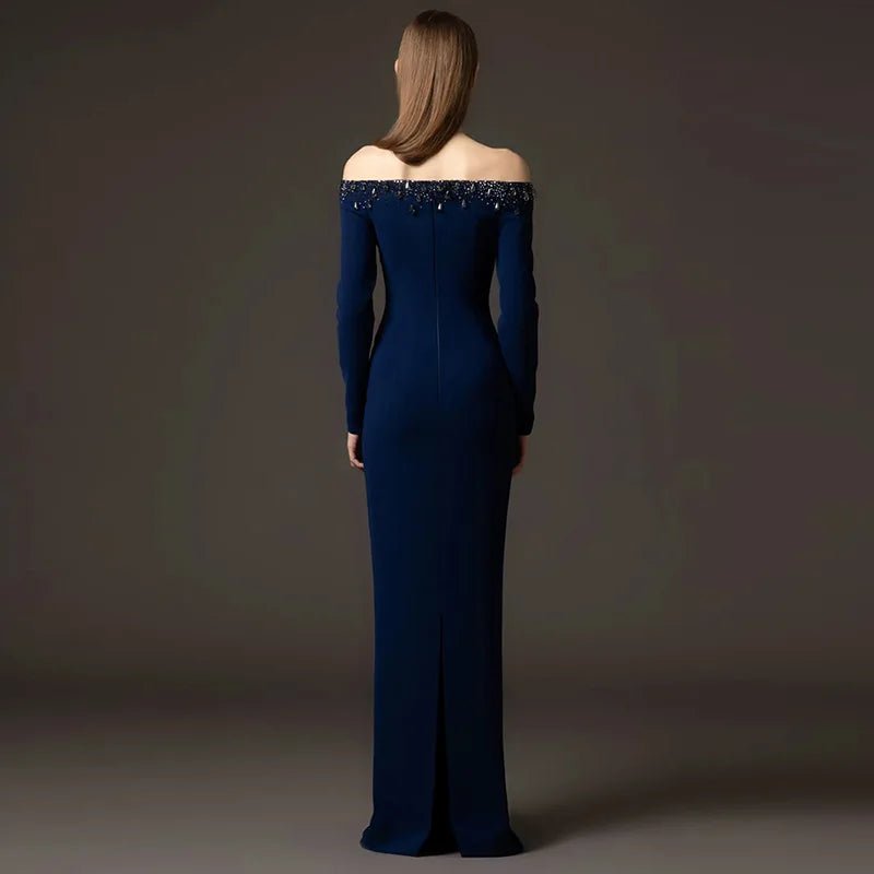 Midnight Radiance Gown Off - Shoulder by Luxe Lane | sheath gown from Luxe Lane | SKU:  | Barcode:  | Options: Dark blue S | Luxury Womens Clothing Factory Trendy Dark Blue Off Shoulder Evening Dresses Long Sleeve Deep V Neck Rhinestone Maxi Party Gown