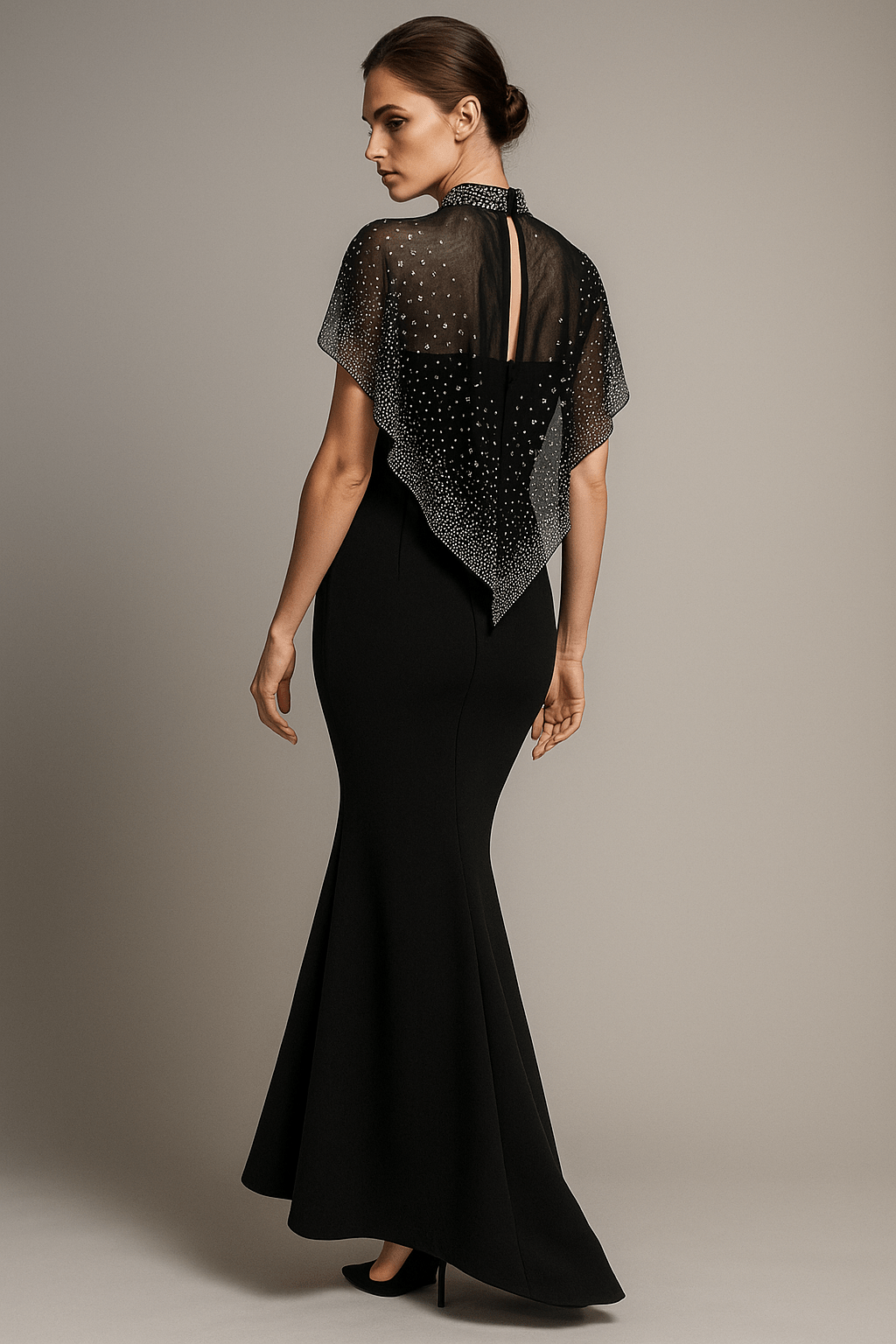Midnight Reign Diamond Cape Gown by Shine | mermaid gown from Luxe Lane | SKU:  | Barcode:  | Options: Black S | Midnight Reign Diamond Cape Gown