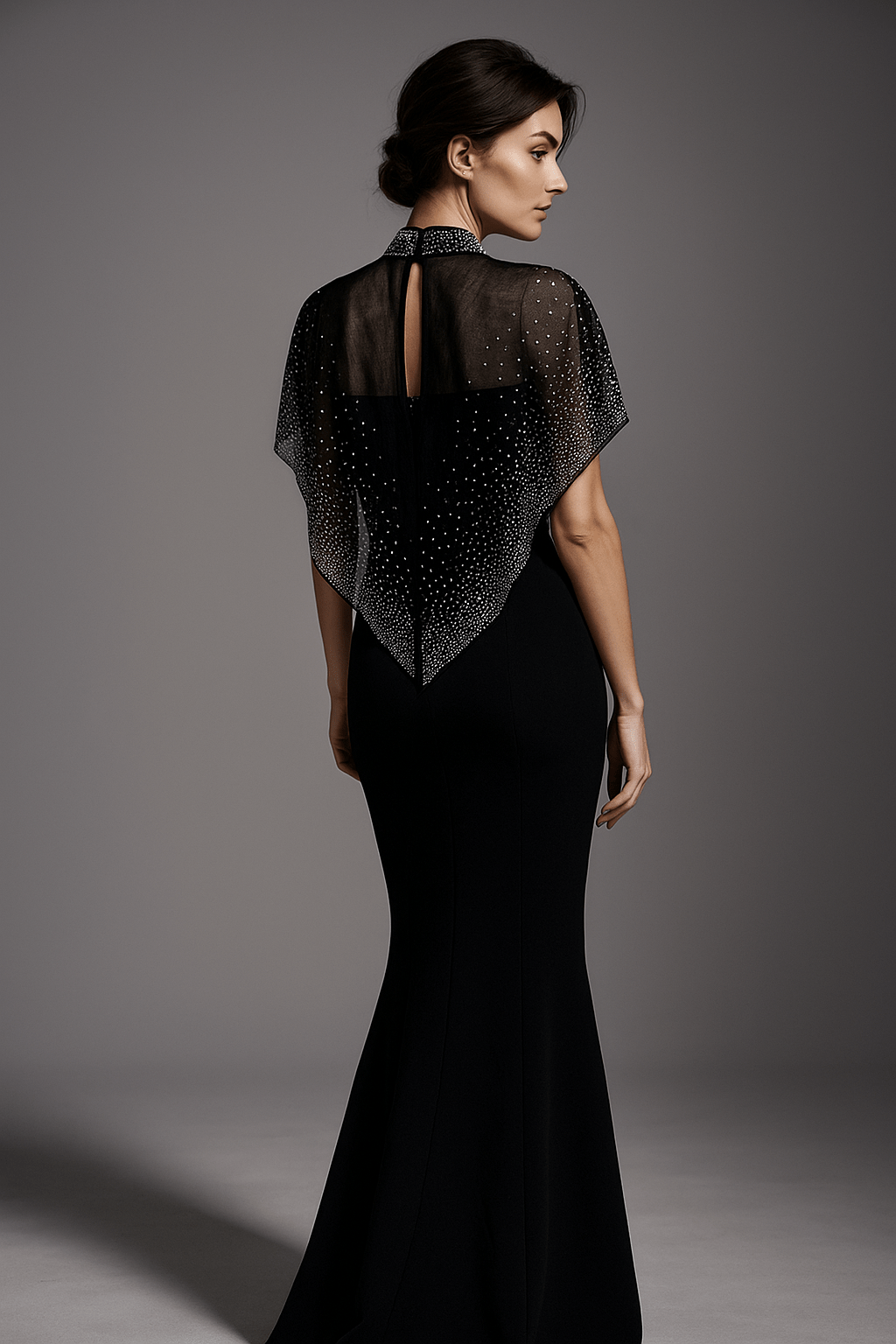 Midnight Reign Diamond Cape Gown by Shine | mermaid gown from Luxe Lane | SKU:  | Barcode:  | Options: Black S | Midnight Reign Diamond Cape Gown