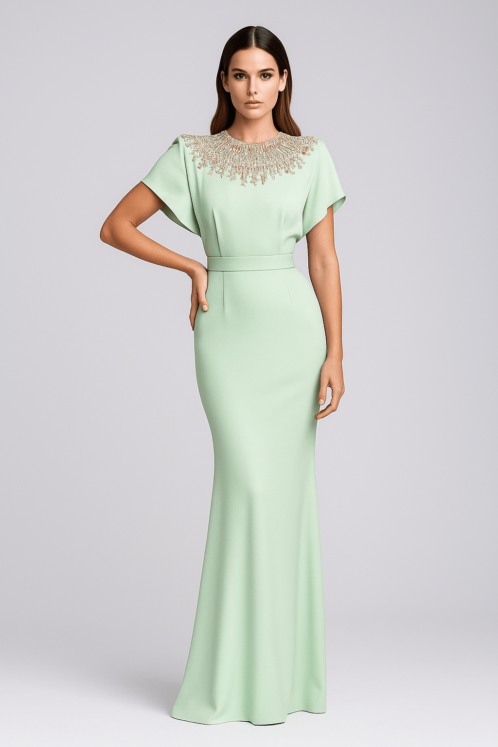 Mint Green Beaded Cape by Luxe Lane | heath gown from Luxe Lane | SKU:  | Barcode:  | Options: Mint Green S | Woman wearing a light green evening gown with cap sleeves and beaded neckline on a gray background
