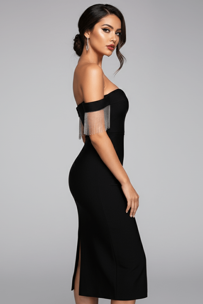 Mira V - Neck Velvet Fringe Dress by Luxe Lane | from Luxe Lane | SKU:  | Barcode:  | Options: Black XS | Mira V - Neck Velvet Fringe Dress