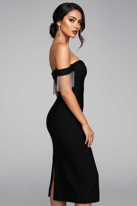 Mira V - Neck Velvet Fringe Dress by Luxe Lane | from Luxe Lane | SKU:  | Barcode:  | Options: Black XS | Mira V - Neck Velvet Fringe Dress