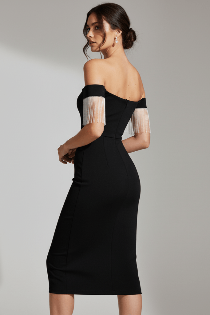 Mira V - Neck Velvet Fringe Dress by Luxe Lane | from Luxe Lane | SKU:  | Barcode:  | Options: Black XS | Mira V - Neck Velvet Fringe Dress