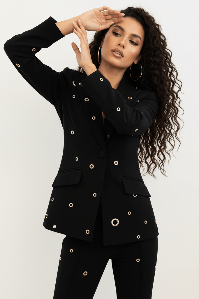 Mirella Plus Set by Luxe Lane | from Luxe Lane | SKU:  | Barcode:  | Options: Black S | model posing in Luxe Lane black blazer with gold metal button details and fitted sleeves