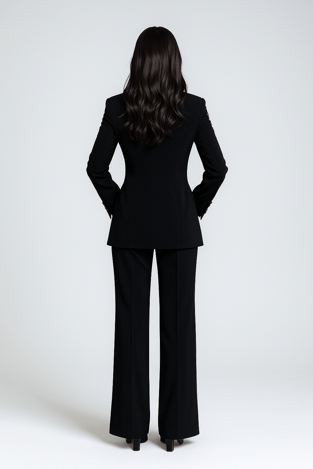 Mirella Plus Set by Luxe Lane | from Luxe Lane | SKU:  | Barcode:  | Options: Black S | back view of Luxe Lane black blazer trousers set showing full - length tailored fit