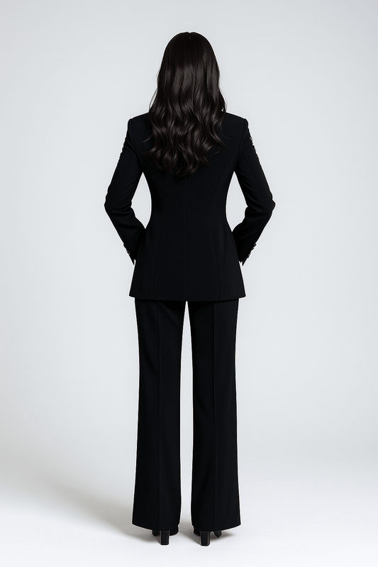 Mirella Plus Set by Luxe Lane | from Luxe Lane | SKU:  | Barcode:  | Options: Black S | back view of Luxe Lane black blazer trousers set showing full - length tailored fit