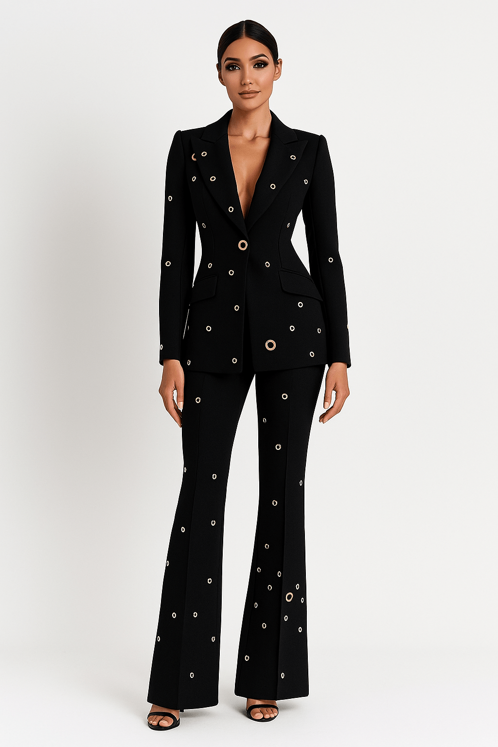 Mirella Plus Set by Luxe Lane | from Luxe Lane | SKU:  | Barcode:  | Options: White S | portrait of model in Luxe Lane white blazer outfit styled with gold metal eyelet buttons