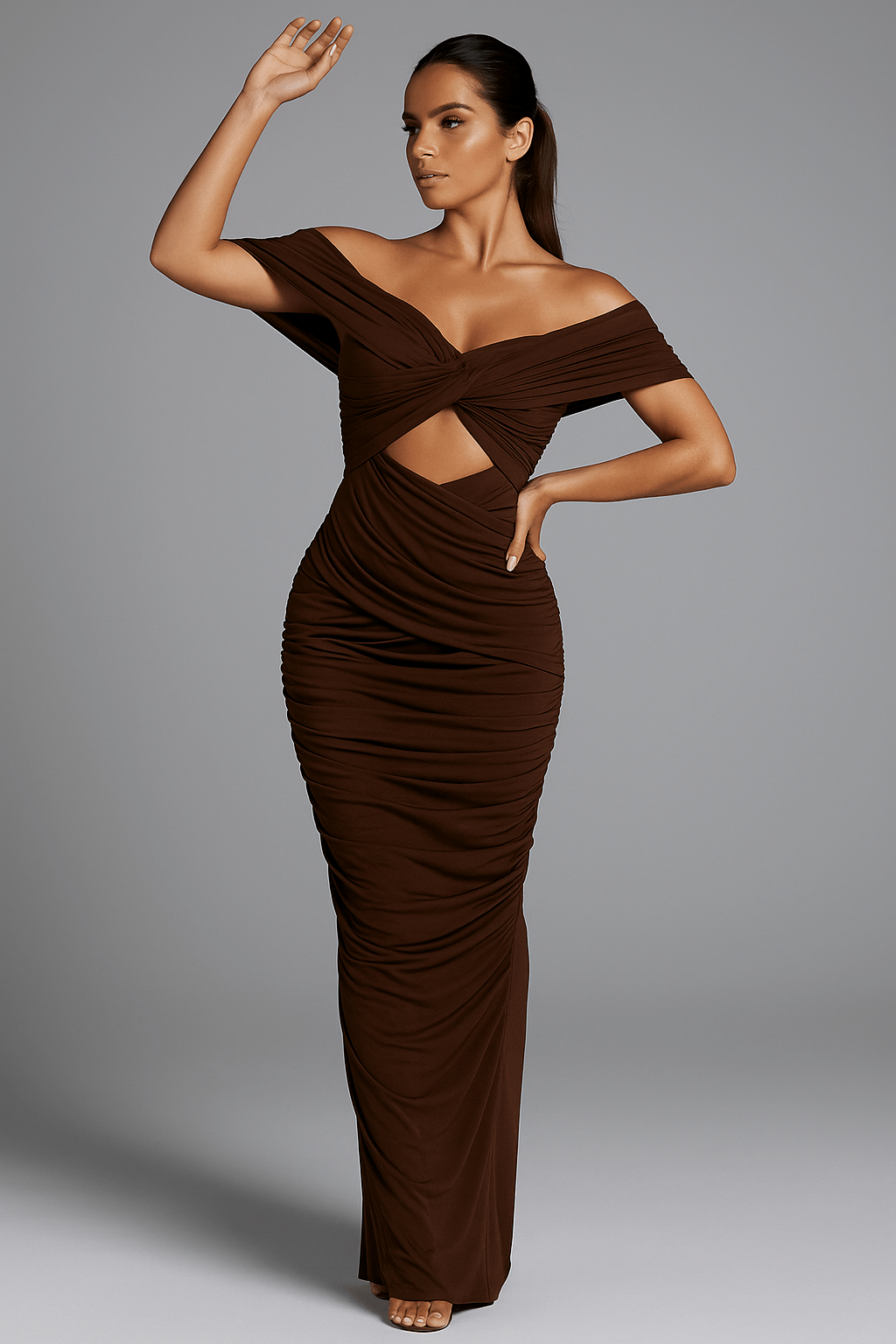 Mocha Muse Gown Off - Shoulder Ruched by Luxe Lane | sheath gown from Luxe Lane | SKU:  | Barcode:  | Options: Brown S | Mocha Muse Gown Off - Shoulder Ruched