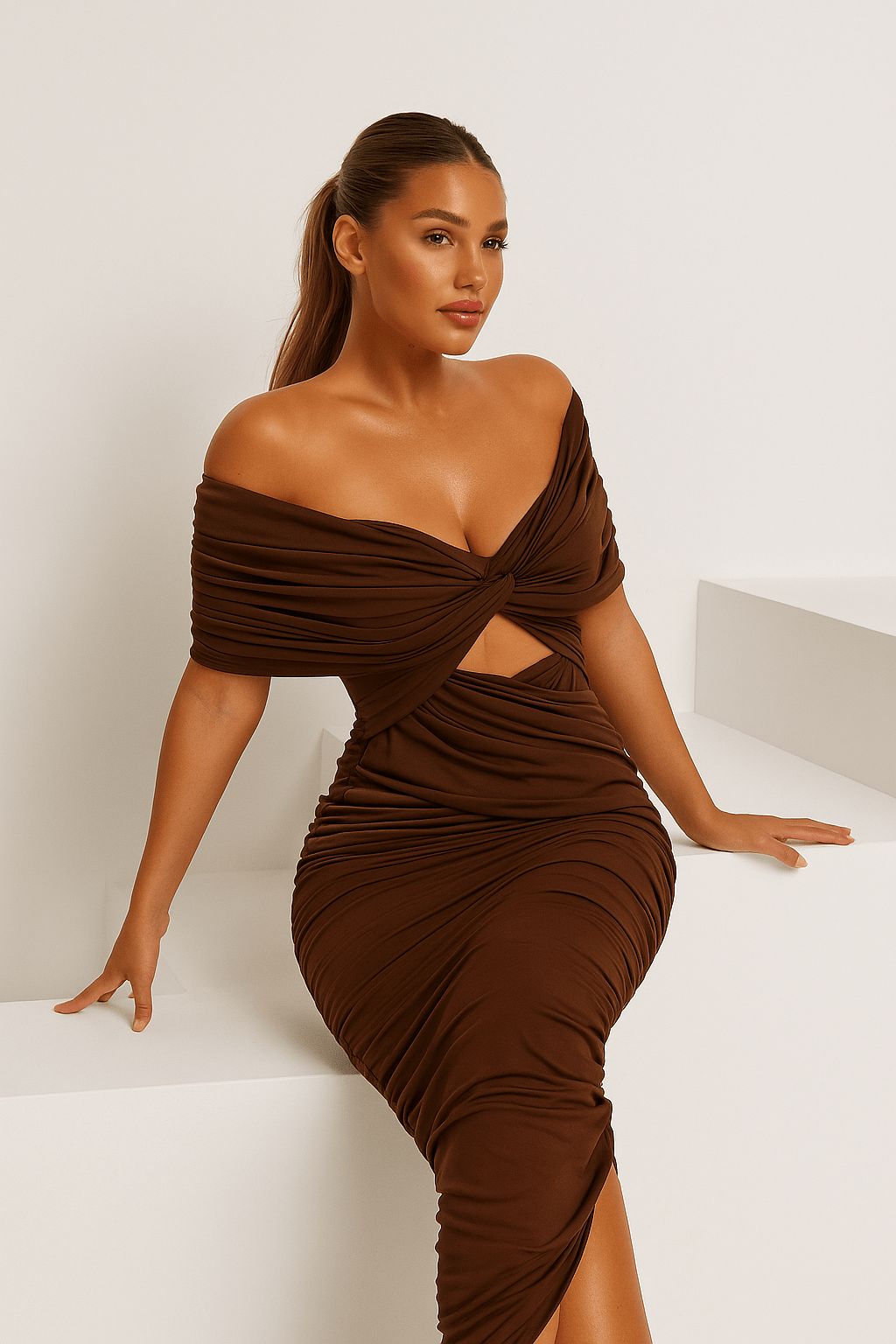 Mocha Muse Gown Off - Shoulder Ruched by Luxe Lane | sheath gown from Luxe Lane | SKU:  | Barcode:  | Options: Brown S | Mocha Muse Gown Off - Shoulder Ruched