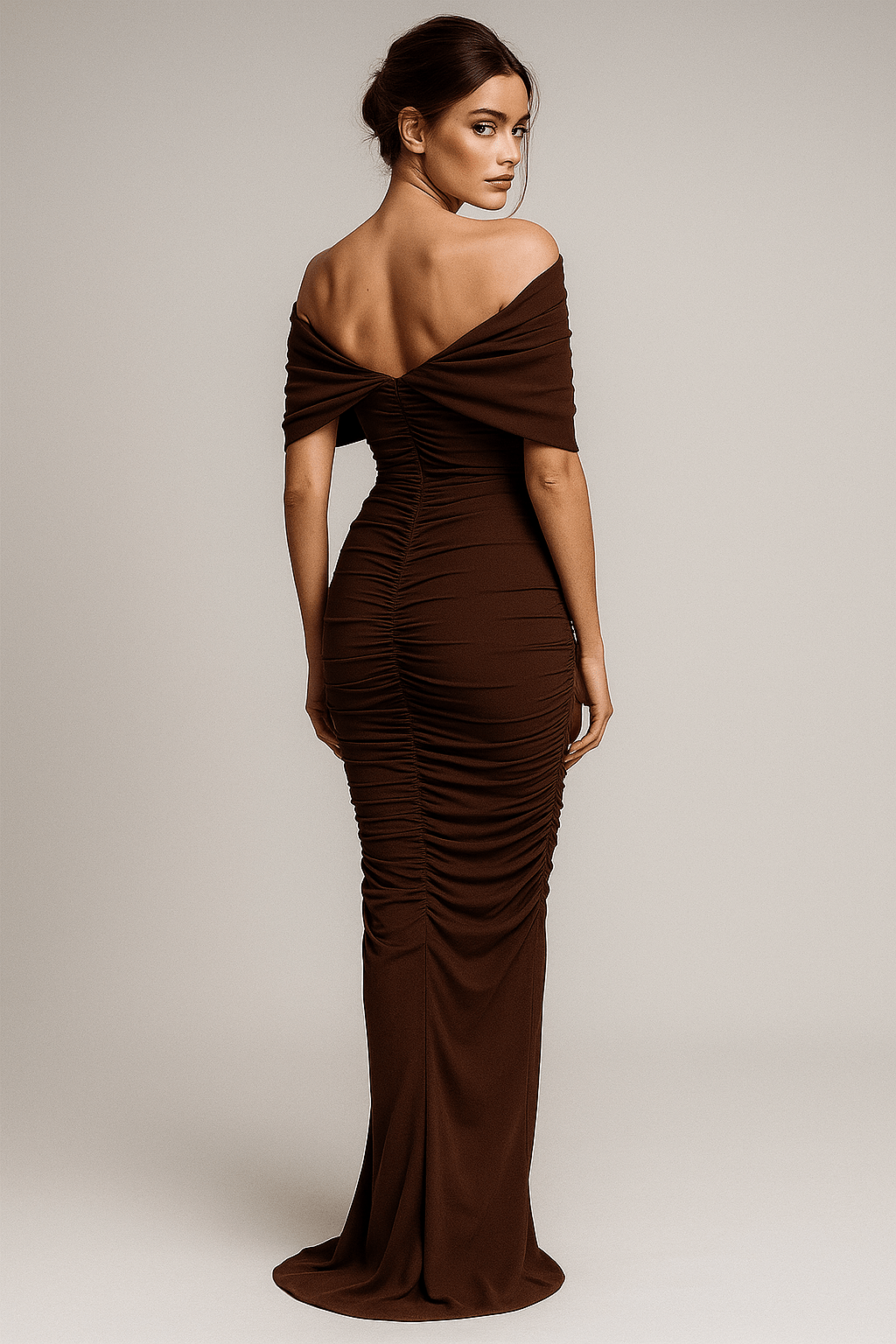 Mocha Muse Gown Off - Shoulder Ruched by Luxe Lane | sheath gown from Luxe Lane | SKU:  | Barcode:  | Options: Brown S | Mocha Muse Gown Off - Shoulder Ruched