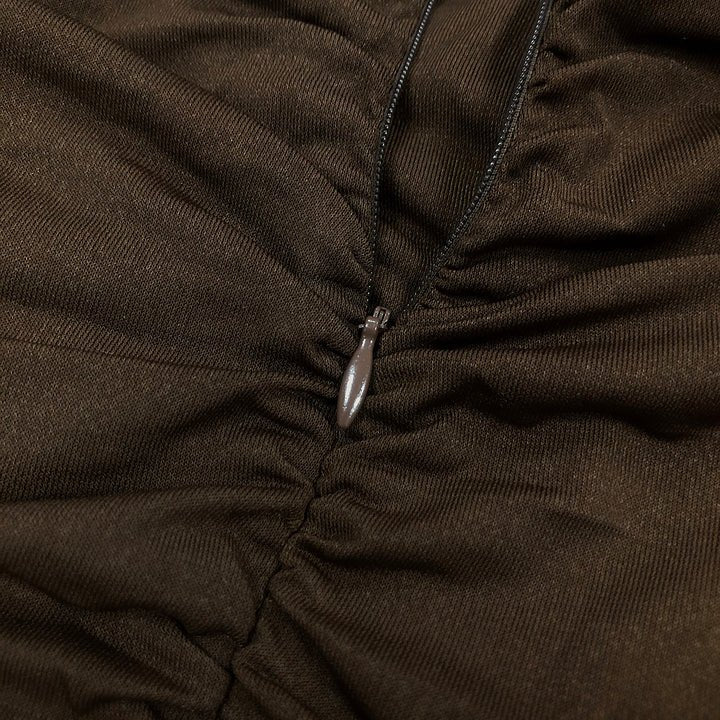 Mocha Muse Gown Off - Shoulder Ruched by Luxe Lane | sheath gown from Luxe Lane | SKU:  | Barcode:  | Options: Brown S | Elegant Brown Off Shoulder Evening Dresses Twist Cut Out Ruched Formal Party Maxi Outfit Women Solid Pleated Maxi Dress