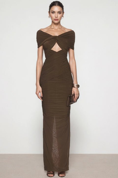 Mocha Muse Gown Off - Shoulder Ruched by Luxe Lane | sheath gown from Luxe Lane | SKU:  | Barcode:  | Options: Brown S | Elegant Brown Off Shoulder Evening Dresses Twist Cut Out Ruched Formal Party Maxi Outfit Women Solid Pleated Maxi Dress