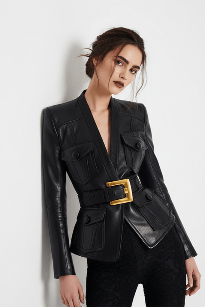 Monaco Black Belted Leather Utility Jacket by Shine | Jackets from Luxe Lane | SKU:  | Barcode:  | Options: Black S | Woman wearing a black leather jacket with a gold belt on a white background
