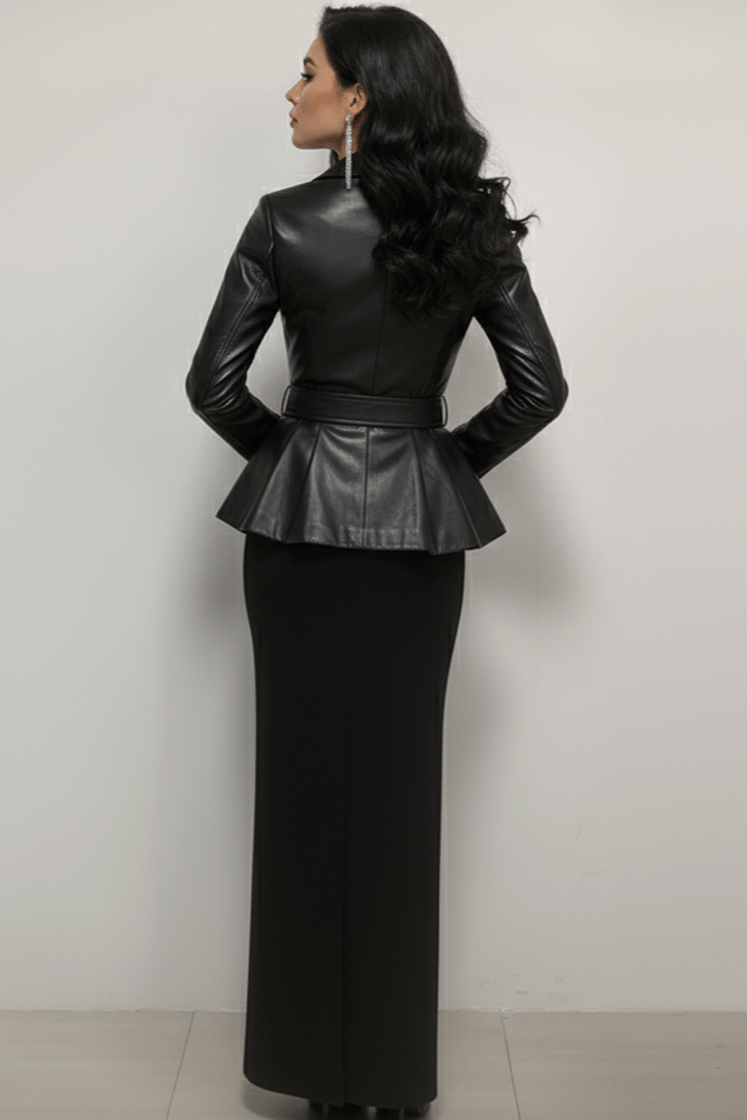 Monaco Black Belted Leather Utility Jacket by Shine | Jackets from Luxe Lane | SKU:  | Barcode:  | Options: Black S | Woman wearing a black leather peplum jacket and black dress against a plain background