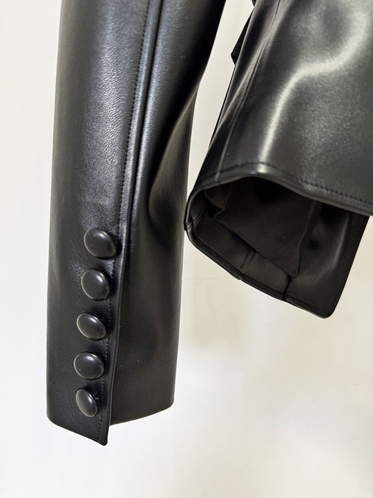 Monaco Black Belted Leather Utility Jacket by Shine | Jackets from Luxe Lane | SKU:  | Barcode:  | Options: Black S | High End Designer Trends Women Black Outerwear Deep V Neck Multiple Pockets Gold Buckle Belted Leather Jacket