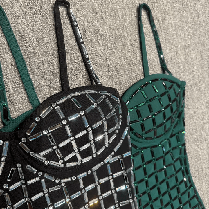 Nerina Black Rhinestone Strapless Mini Dress by Shine | from Luxe Lane | SKU: W11206-5 | Barcode:  | Options: Green XS | Luxury Rhinestone Grid Strapless Bodycon Mini Bandage Dress Party Club Evening Gala Dinner Black Birthday Dresses