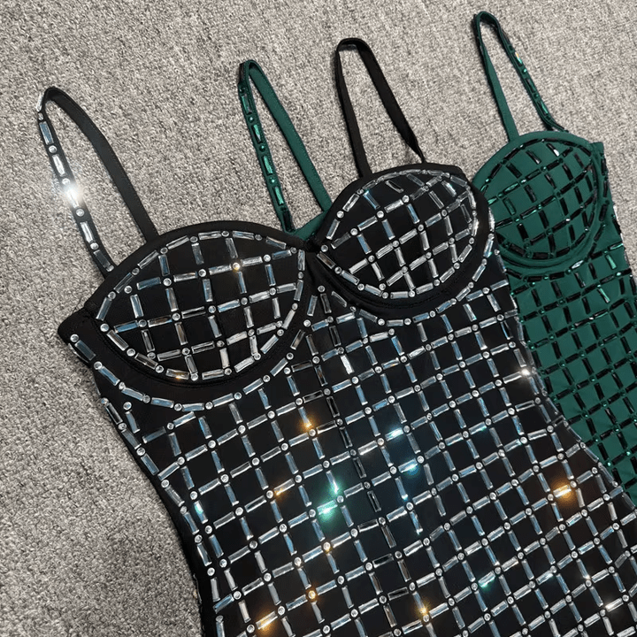 Nerina Black Rhinestone Strapless Mini Dress by Shine | from Luxe Lane | SKU: W11206-5 | Barcode:  | Options: Green XS | Luxury Rhinestone Grid Strapless Bodycon Mini Bandage Dress Party Club Evening Gala Dinner Black Birthday Dresses