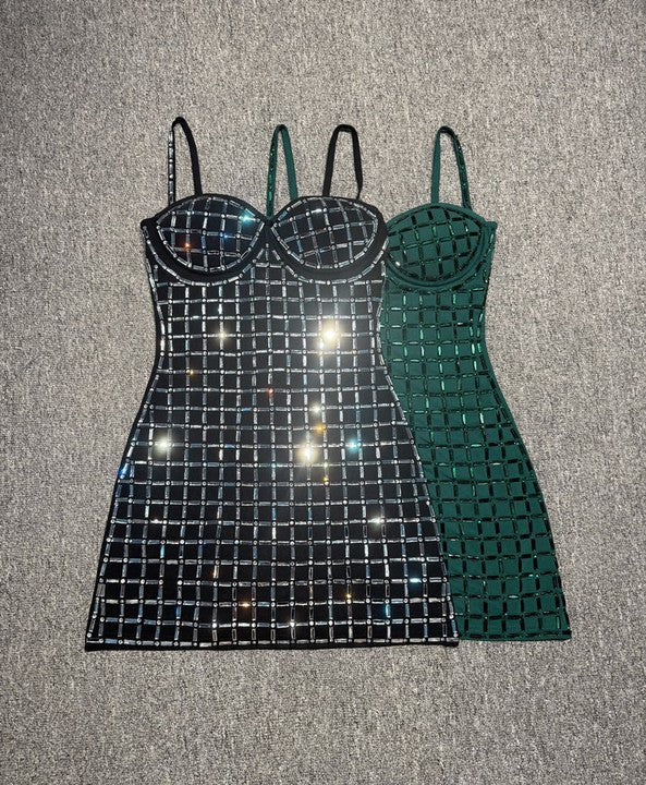 Nerina Black Rhinestone Strapless Mini Dress by Shine | from Luxe Lane | SKU: W11206-5 | Barcode:  | Options: Green XS | Luxury Rhinestone Grid Strapless Bodycon Mini Bandage Dress Party Club Evening Gala Dinner Black Birthday Dresses