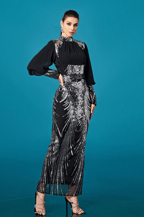 Noctara Black Sequin Bodycon Gown by Shine | Party dress from Luxe Lane | SKU: -1 | Barcode:  | Options: Silver S | Elegant Black Long Sleeve Sequin Dress Women High Neck Bodycon Floor Length Party Gown Luxury Formal Banquet Evening Dresses