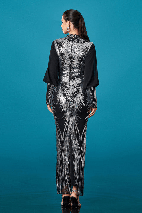 Noctara Black Sequin Bodycon Gown by Shine | Party dress from Luxe Lane | SKU: -1 | Barcode:  | Options: Silver S | Elegant Black Long Sleeve Sequin Dress Women High Neck Bodycon Floor Length Party Gown Luxury Formal Banquet Evening Dresses