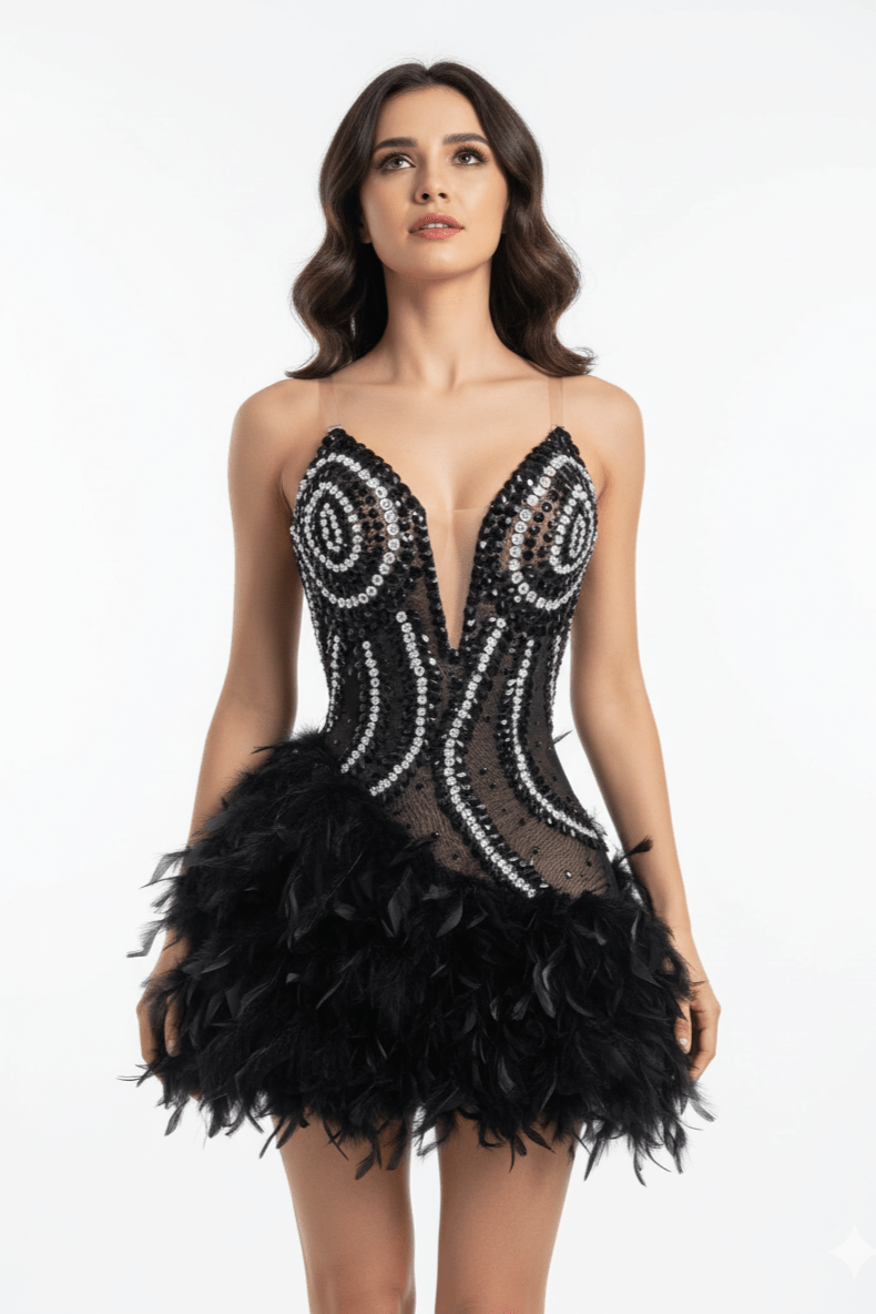 Noctura Feather Rhinestone Mini Dress by Shine | from Luxe Lane | SKU:  | Barcode:  | Options: Black S | Noctura Feather Rhinestone Mini Dress
