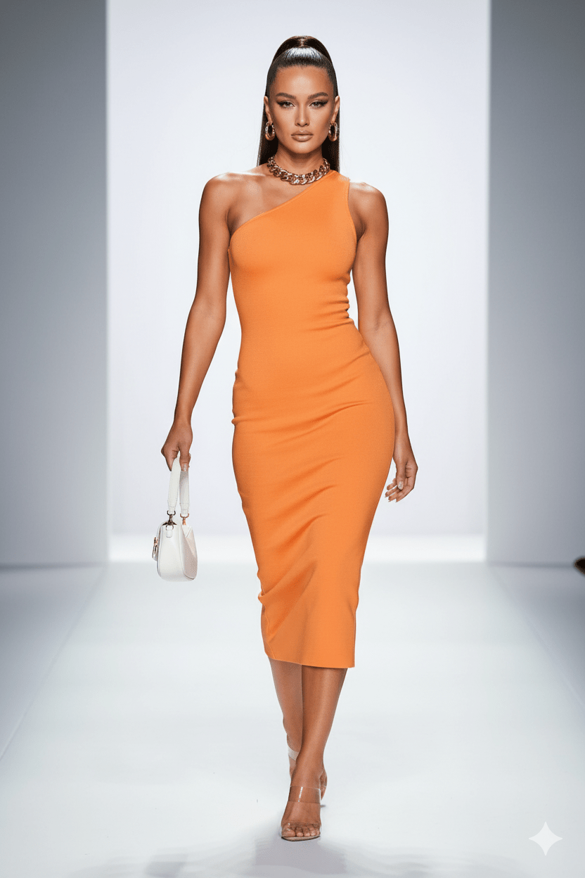 Noctura One - Shoulder Bandage Maxi Dress by Luxe Lane | from Luxe Lane | SKU:  | Barcode:  | Options: Orange XS | Noctura One - Shoulder Bandage Maxi Dress