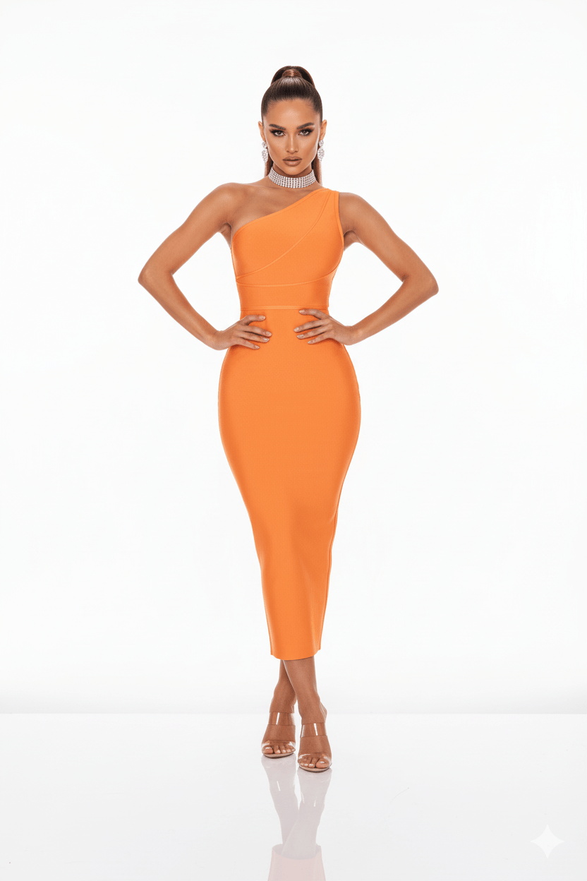 Noctura One - Shoulder Bandage Maxi Dress by Luxe Lane | from Luxe Lane | SKU:  | Barcode:  | Options: Orange XS | Noctura One - Shoulder Bandage Maxi Dress