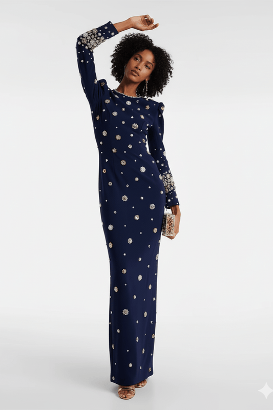 Nocturna Pearl Beaded Formal Gown by Luxe Lane | from Luxe Lane | SKU:  | Barcode:  | Options: Dark blue S | Nocturna Pearl Beaded Formal Gown