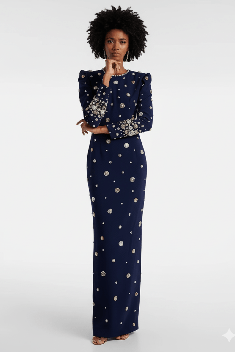 Nocturna Pearl Beaded Formal Gown by Luxe Lane | from Luxe Lane | SKU:  | Barcode:  | Options: Dark blue S | Nocturna Pearl Beaded Formal Gown