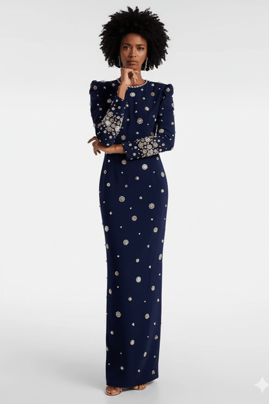 Nocturna Pearl Beaded Formal Gown by Luxe Lane | from Luxe Lane | SKU:  | Barcode:  | Options: Dark blue S | Nocturna Pearl Beaded Formal Gown