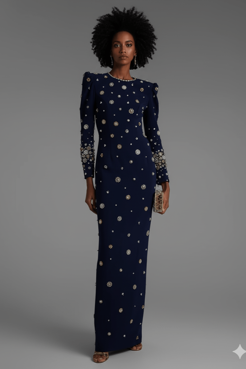 Nocturna Pearl Beaded Formal Gown by Luxe Lane | from Luxe Lane | SKU:  | Barcode:  | Options: Dark blue S | Nocturna Pearl Beaded Formal Gown
