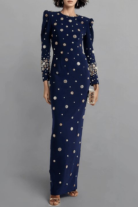 Nocturna Pearl Beaded Formal Gown by Luxe Lane | from Luxe Lane | SKU:  | Barcode:  | Options: Dark blue S | Luxury Vestidos De Festa Rhinestone Pearl Beaded Long Gown Evening Dinner Dresses Elegant Dark Blue Long Formal Dress for Women