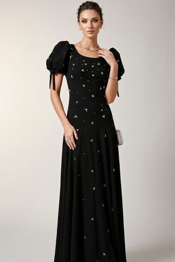 Noir Crystal Puff Sleeve GownEvening DressesBlackS(2)Luxe Lane
