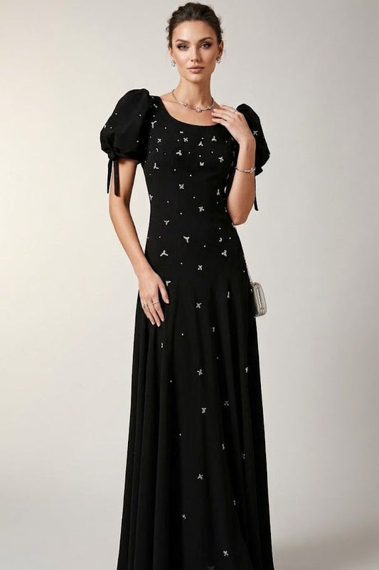 Noir Crystal Puff Sleeve GownEvening DressesBlackS(2)Luxe Lane