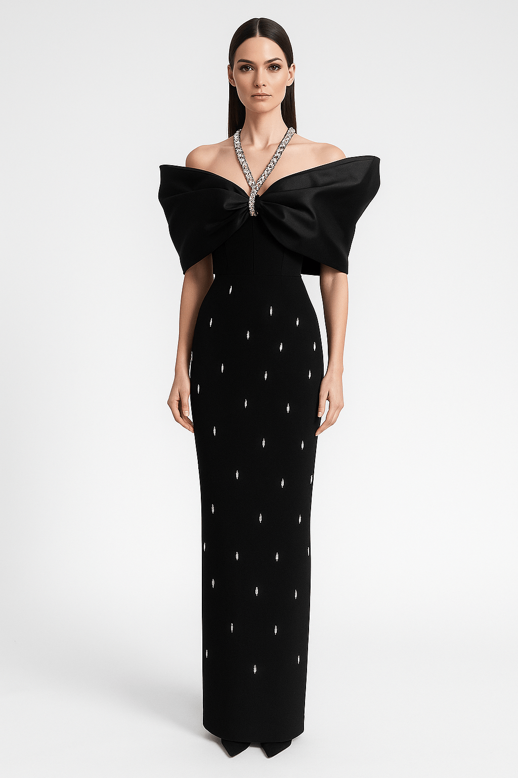 Noir Elise Rhinestone Bow Maxi Gown by Luxe Lane | Maxi Evening Dress from Luxe Lane | SKU: -1 | Barcode:  | Options: Black S | Noir Elise Rhinestone Bow Maxi Gown