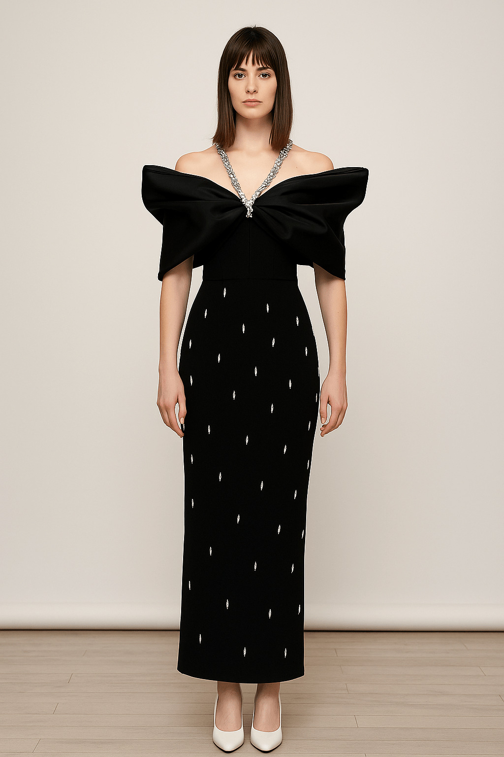 Noir Elise Rhinestone Bow Maxi Gown by Luxe Lane | Maxi Evening Dress from Luxe Lane | SKU: -1 | Barcode:  | Options: Black S | Noir Elise Rhinestone Bow Maxi Gown