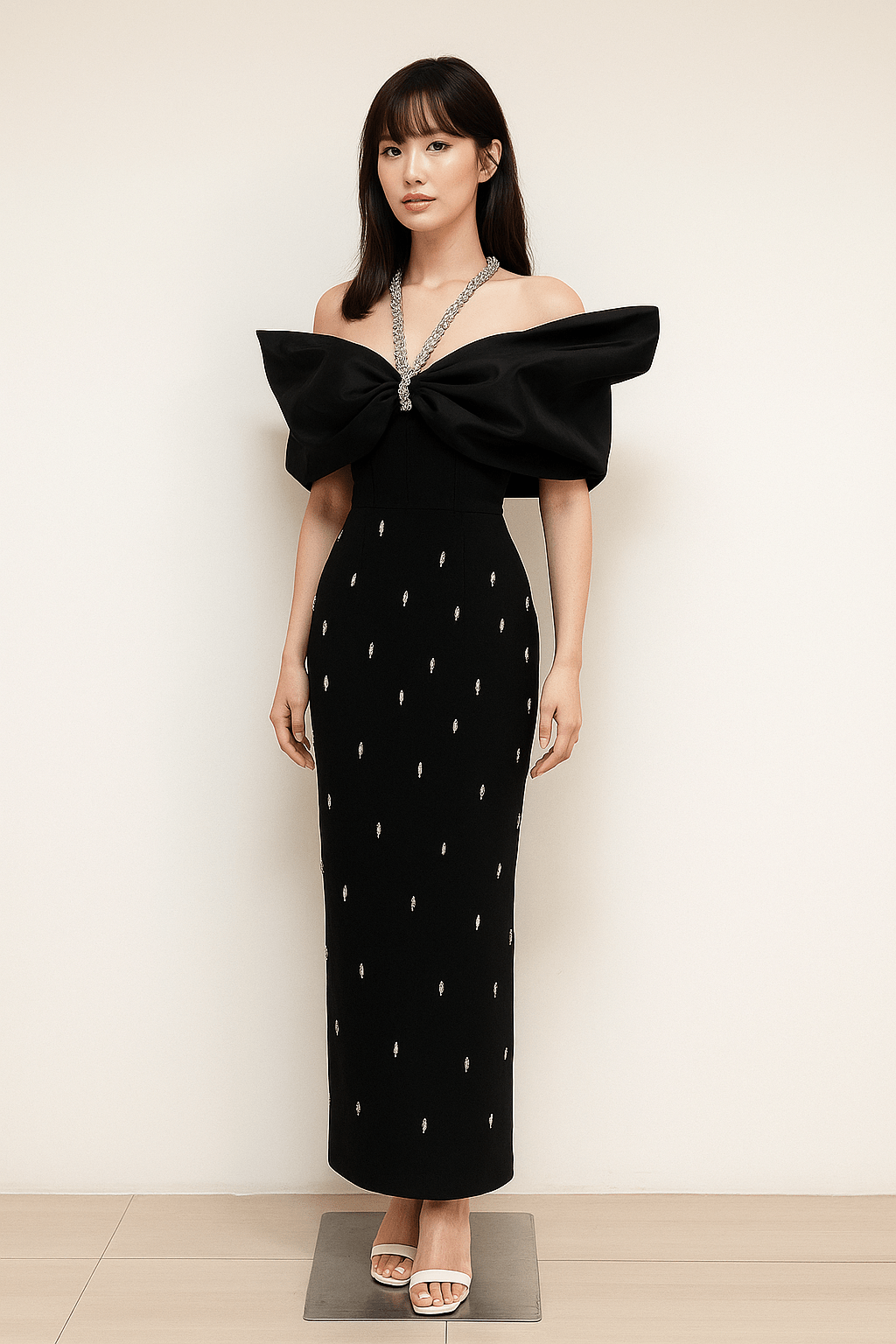 Noir Elise Rhinestone Bow Maxi Gown by Luxe Lane | Maxi Evening Dress from Luxe Lane | SKU: -1 | Barcode:  | Options: Black S | Noir Elise Rhinestone Bow Maxi Gown
