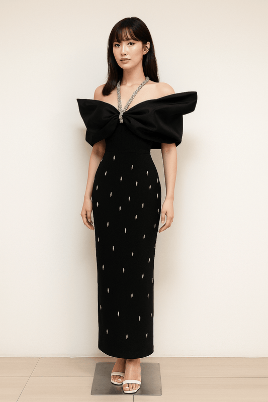 Noir Elise Rhinestone Bow Maxi Gown by Luxe Lane | Maxi Evening Dress from Luxe Lane | SKU: -1 | Barcode:  | Options: Black S | Noir Elise Rhinestone Bow Maxi Gown